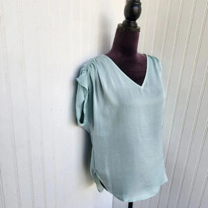 VALETTE Women's Satin Light Mint Blue Blouse Top Ruched Sleeve Lighweight Sz S